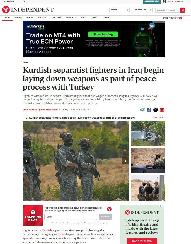 <p>INDEPENDENT:</p>
<p>On yıllardır Türkiye'de ayrılıkçı bir savaş yürüten Kürt militan grubunun savaşçıları, Cuma günü Kuzey Irak'ta düzenlenen sembolik bir törenle silahlarını bırakmaya başladılar; bu, barış sürecinin bir parçası olarak vaat edilen silahsızlanmaya yönelik ilk somut adımdı.</p>
<p> </p>
