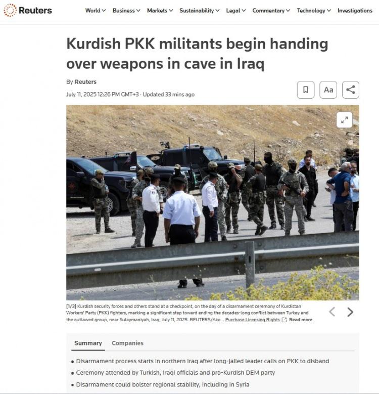 <p>REUTERS:</p>

<p>“PKK'lı Kürt militanlar Irak'taki mağarada silahlarını teslim etmeye başladı”</p>

<p> </p>
