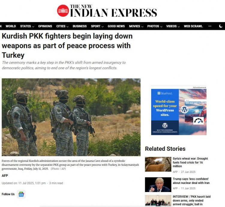<p>THE NEW INDIAN EXPRESS:</p>
<p>“Kürt PKK'lılar Türkiye ile barış süreci kapsamında silah bırakmaya başladı”</p>
<p> </p>