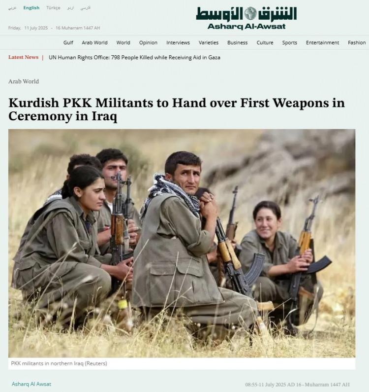 <p>ASHARQ AL-AVSAT</p>

<p>“Kürt PKK militanları Irak'ta törenle ilk silahlarını teslim edecek”</p>

<p> </p>
