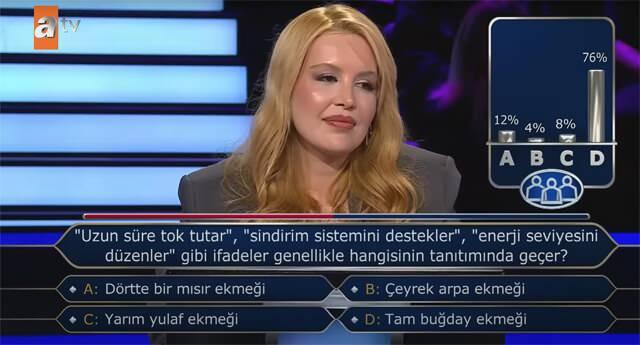 <p>Seyircilerin <strong>%76’sı “Tam buğday ekmeği”</strong> şıkkını tercih etti. Yarışmacı da bu cevabı seçerek <strong>soruyu doğru yanıtladı</strong> ve yarışmaya devam etme hakkı kazandı.</p>
