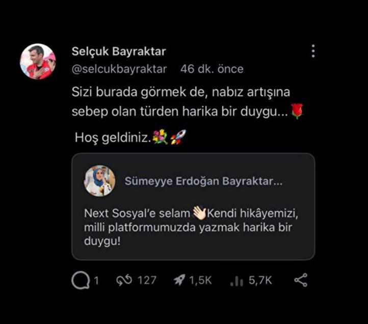 <p>Eşinin bu paylaşımını alıntılayan Selçuk Bayraktar, <strong><em>"Sizi burada görmek de, nabız artışına sebep olan türden harika bir duygu... Hoş geldiniz"</em></strong> ifadelerini kullandı.</p>
