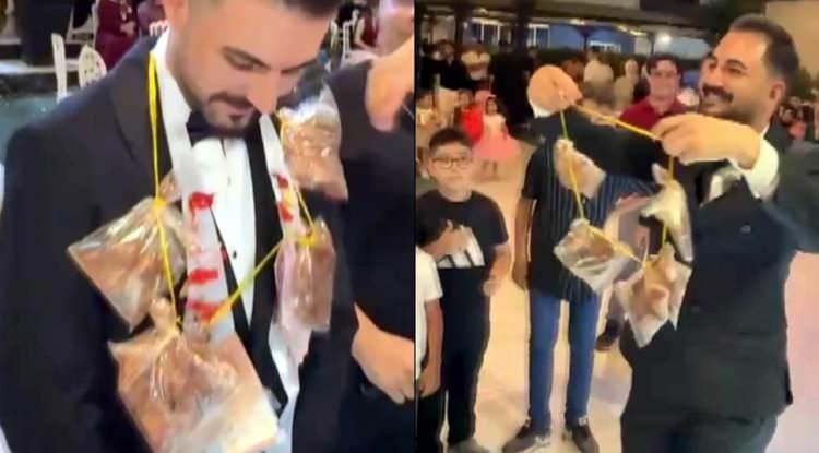 Düğünde damada ne altın ne para taktı! Kebapçı abi takısıyla sosyal medyaya damga vurdu