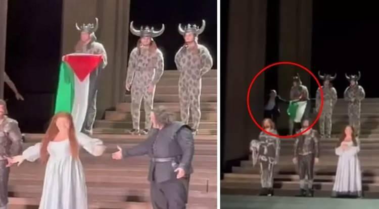<p><span style="color:#000000"><strong>Londra'da yer alan Kraliyet Opera Salonu'nu, geçtiğimiz haftalarda Guiseppe Verdi'nin dört perdelik operası Il Trovatore'nin final gecesinde dikkat çeken olaylara ev sahipliği yapmıştı. Sanatçılardan Daniel Perry, gösteri sonunda Filistin bayrağı açarak, tüm müdahalelere rağmen sahnede dik bir duruş sergiledi. </strong></span></p>
