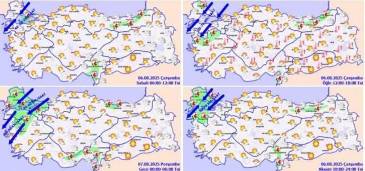 <p><strong>METEOROLOJİK GÖRÜNÜM</strong></p>
<p> </p>
<p>Meteoroloji Genel Müdürlüğü tarafından yapılan tahminlere göre: Ülkemizin kuzey kesimlerinin parçalı, yer yer çok bulutlu, (Bilecik ve Çanakkale hariç) Marmara, Ege'nin iç kesimlerinin kuzey ve güneydoğusu, (Samsun hariç) Orta ve Doğu Karadeniz kıyıları ile Gümüşhane çevreleri ve Doğu Anadolu'nun kuzeydoğusu ile Van'ın doğusu ve İskenderun Körfezi çevrelerinin yerel sağanak ve gök gürültülü sağanak yağışlı, diğer yerlerin az bulutlu ve açık geçeceği tahmin ediliyor. Bu akşam ve gece saatlerinde beklenen yağışların İstanbul ve Balıkesir çevrelerinde yerel kuvvetli olması bekleniyor.<br />
</p>
<p><strong>HAVA SICAKLIĞI</strong>: Yurt genelinde hava sıcaklıklarının mevsim normalleri üzerinde seyretmesi bekleniyor.</p>