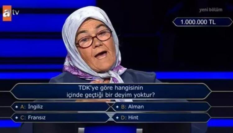 <p><span style="color:#000000"><strong>İzleyenleri ekran başına kilitleyen 1 milyon TL değerindeki soru ise şu şekildeydi:</strong></span></p>

<p><span style="color:#FF0000"><strong> "TDK'ye göre hangisinin içinde geçtiği bir deyim yoktur?"</strong></span></p>
