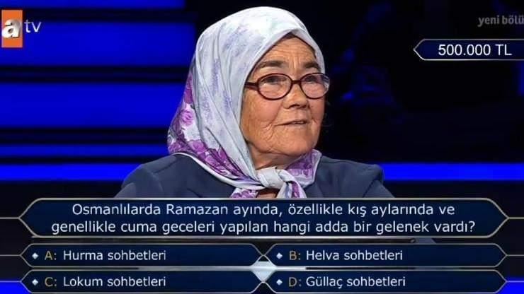 <p><span style="color:#000000"><strong>Hızlı bir başlangıç yapan ve soruları hızlı bir şekilde yanıtlayan 75 yaşındaki yarışmacı, birçok yarışmacının ulaşamadığı 1 milyonluk soruyu açtırarak, büyük bir başarı elde etti.</strong></span></p>
