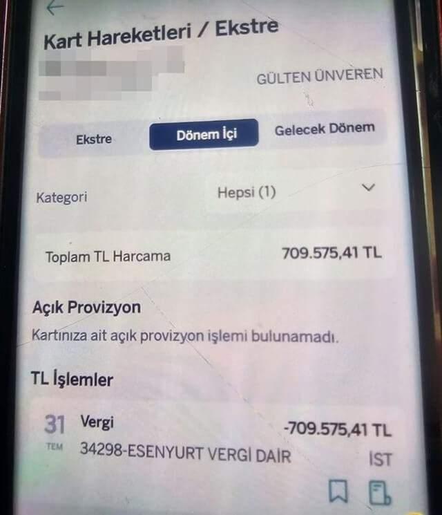 <p>Dolandırıcılar tarafından sanal karta aktarılan tutarın <strong>709 bin TL’si</strong>, <strong>İstanbul Esenyurt Vergi Dairesi’nde başka bir şahsın vergi borcunun ödenmesinde</strong> kullanıldı. Kartta kalan tutar için ikinci bir ödeme yapıldığı sırada <strong>Gülten Ünveren</strong>, bu işlemin kendisine ait olmadığını fark etti ve <strong>bankasını aradı</strong>.</p>
