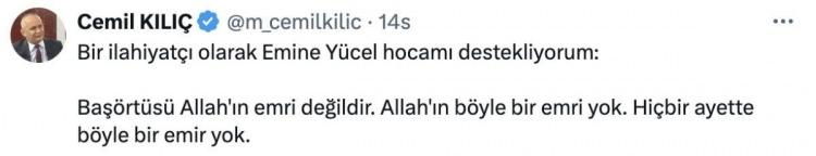 <p><span style="color:#B22222"><strong>"BAŞÖRTÜSÜ ALLAH'IN EMRİ DEĞİLDİR'</strong></span></p>
<p>"Bir ilahiyatçı olarak Emine Yücel Hocamı destekliyorum: Başörtüsü Allah'ın emri değildir. Allah'ın böyle bir emri yok. Hiçbir ayette böyle bir emir yok." </p>