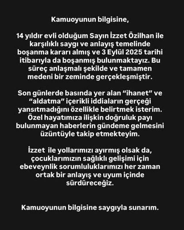 <p><strong>Yasemin Özilhan</strong>, sosyal medya üzerinden<span style="color:#800080"><em> "14 yıldır evli olduğum <strong>İzzet Özilhan</strong> ile karşılıklı saygı ve anlayış temelinde boşanma kararı aldık."</em></span></p>
