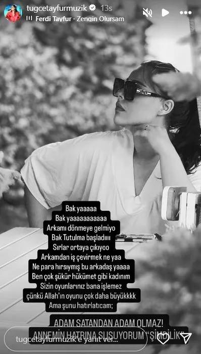 <p>Ünlü şarkıcı ilk olarak uzunca bir yazı yazarak, <strong><span style="color:#800000"><em>''Bak ya bak ya arkamı dönmeye gelmiyor. Bak tutulma başladı. Sırlar ortaya çıkıyor. Arkamdan iş çevirmek ne ya. Ne para hırsıymış bu arkadaş ya. Ben çok şükür hükümet gibi kadınım. Sizin oyunlarınız bana işlemez çünkü Allah'ın oyunu çok daha büyük. Ama şunu hatırlatacağım; Adam satandan adam olmaz! Annemin hatırına susuyorum şimdilik.''</em></span></strong> notunu düştü.</p>
