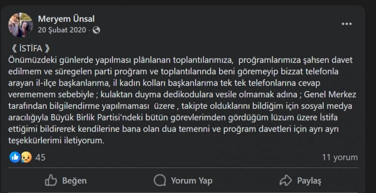 <p>Meryem ÜnsalMeryem Ünsal'ın 20 Şubat 2020 tarihinde partideki görevlerinden  istifa ettiği bildirildi..</p>
