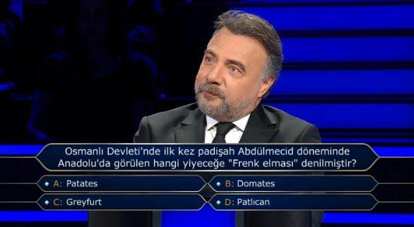 <p><strong>19 yaşında olan ve Nişantaşı Üniversitesi Beslenme ve Diyetetik Bölümünde eğitim hayatına devam eden Melike Derici'nin karşısına çıkan 100 bin TL değerindeki 8. soru şöyleydi:</strong></p>
<p><strong>Osmanlı Devleti'nde ilk kez padişah Abdülmecid döneminde Anadolu'da görülen hangi yiyeceğe Frenk elması denilmiştir?</strong></p>