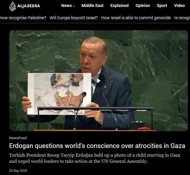 <p><strong>Katar merkezli El Cezire</strong>, Başkan Erdoğan'ın, Gazze'de açlıktan ölen bir çocuğun fotoğrafını gösterdiğini ve dünya liderlerini BM Genel Kurulu'nda harekete geçmeye çağırdığını ifade etti.</p>
