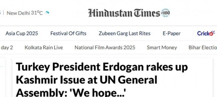 <p><strong>HINDUSTAN TIMES: KEŞMİR SORUNUNU GÜNDEME GETİRDİ</strong></p>

<p>Hindustan Times, Cumhurbaşkanı Recep Tayyip Erdoğan’ın BM Genel Kurulu’ndaki konuşmasında Hindistan-Pakistan ilişkilerine değindiğini yazdı. </p>
