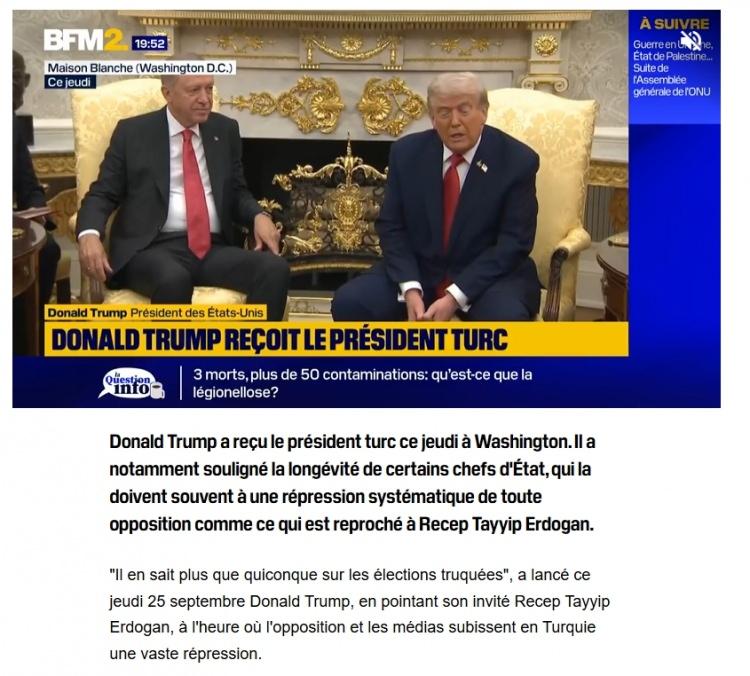 <p>Fransız BFMTV kanalı ise Trump'ın ABD'de 2020 başkanlık seçimleriyle ilgili açıklamaları yanında Cumhurbaşkanı Erdoğan hakkındaki “<strong>Sert bir adam. Son derece inatçı bir adam. Genellikle inatçı kişileri sevmem ama onu hep sevdim.”</strong> şeklindeki yorumuna yer verdi.</p>

