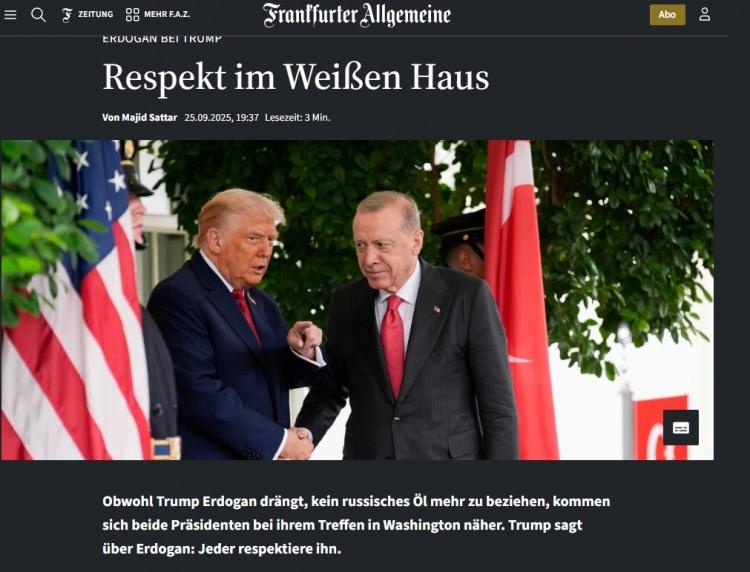 <p><span style="color:#B22222"><strong>ALMANYA</strong></span></p>

<p> </p>

<p>Frankfurter Allgemeine, "Beyaz Saray'da Saygı" başlığını kullanırken "Trump, Erdoğan'ı Rus petrolünü ithal etmeyi bırakmaya çağırsa da, iki başkan Washington'daki görüşmelerinde birbirlerine daha da yakınlaştı. Trump, Erdoğan hakkında şunları söyledi: Herkes ona saygı duyuyor." ifadelerine yer verdi.</p>

<p> </p>

<p>N-TV kanalı "Trump, Erdoğan'a Türkiye yaptırımlarının olası bir şekilde sona erebileceğinin sinyalini verdi" başlığını kullandı</p>
