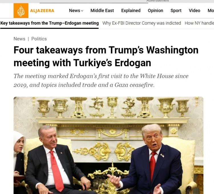 <p><span style="color:#B22222"><strong>KATAR</strong></span></p>

<p> </p>

<p>Katar merkezli El Cezire televizyonu, Erdoğan'ın 2019'dan bu yana ilk kez Beyaz Saray'da ağırlandığına dikkati çekerek iki liderin görüşmede savunma sanayisi, ticaret ve küresel çatışmalar gibi konulara odaklandığını belirtti.</p>

<p> </p>

<p>Haberde, Trump'ın Erdoğan için "Çok saygın biri, kendi ülkesinde, tüm Avrupa'da ve tüm dünyada çok saygı görüyor." ve "Kendisini Beyaz Saray'da ağırlamak bizim için bir onurdur." dediğine yer verildi.</p>

<p> </p>

<p>Görüşmede, Gazze ve Ukrayna gibi küresel sorunların da ele alındığı belirtilen haberde, Trump'ın "Bence Suriye'den sorumlu olan kişi Cumhurbaşkanı Erdoğan'dır, Suriye'yi eski liderinden kurtarmayı başaran kişidir." ifadesi de yer aldı</p>
