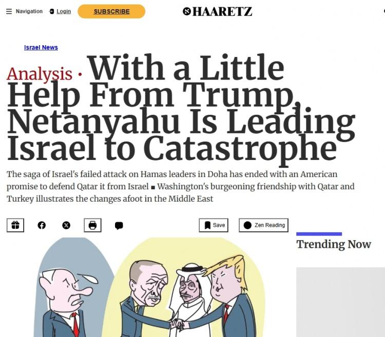 <div>İsrail’in önde gelen gazetelerinden Haaretz’de Yossi Verter imzasıyla yayımlanan analizde, Başbakan Binyamin Netanyahu’nun, eski ABD Başkanı Donald Trump’ın desteğiyle yürüttüğü politikaların ülkeyi diplomatik bir felakete sürüklediği belirtildi. Doha’daki Hamas liderlerine yönelik başarısız saldırının ardından Washington’un Katar’ı İsrail’e karşı savunma garantisi vermesi, İsrail’in bölgesel yalnızlığını derinleştirdi.</div>

<div> </div>
