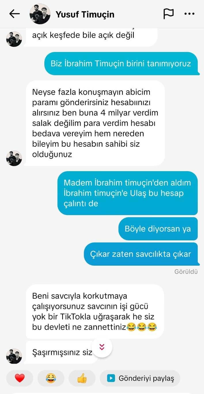 <p><span style="color:#A52A2A"><strong>HESABI ÇALAN KİŞİ PARA İSTEYEREK DALGA GEÇTİ</strong></span></p>
<p>Anne Hatice Timuçin ise kendisiyle dalga geçildiğini anlatarak, <strong>"Bizim Tiktok hesabımızı çaldılar ve fotoğraflarımızı çaldılar. Başka hesaplar oğlumun fotoğrafını paylaşıp bizi engellediler. Biz bunları hiç göremiyorduk, başkaları bize söyleyince fark ettik. <span style="color:#A52A2A">Hesabı çalan kişiye ulaştım, benimle dalga geçti. 4 bin lira da para istedi.</span> Hepsi kanıtlı, şikayetçi olduk. Şu an bizimle ilgilenen sadece 1 dernek var. Ogün Abi Derneği harici kimse başka yere para göndermesin."</strong> ifadelerini kullandı.</p>