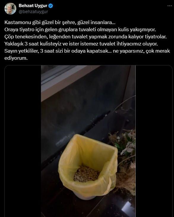 <p><span style="color:#FF0000"><strong>"SİZİ 3 SAAT ODAYA KAPATSAK NE YAPARSINIZ ÇOK MERAK EDİYORUM"</strong></span></p>

<p><strong>"Kastamonu gibi güzel bir şehre, güzel insanlara... Oraya tiyatro için gelen gruplara tuvaleti olmayan kulis yakışmıyor." ifadelerini kullanan Uygur, şöyle konuştu:</strong></p>

<p><strong>"Çöp tenekesinden, leğen tuvalet yapmak zorunda kalıyor tiyatrolar. Yaklaşık 3 saat kulisteyiz ve ister istemez tuvalet ihtiyacımız oluyor. Sayın yetkililer, sizi 3 saat bir odaya kapatsak ne yaparsınız çok merak ediyorum"</strong></p>
