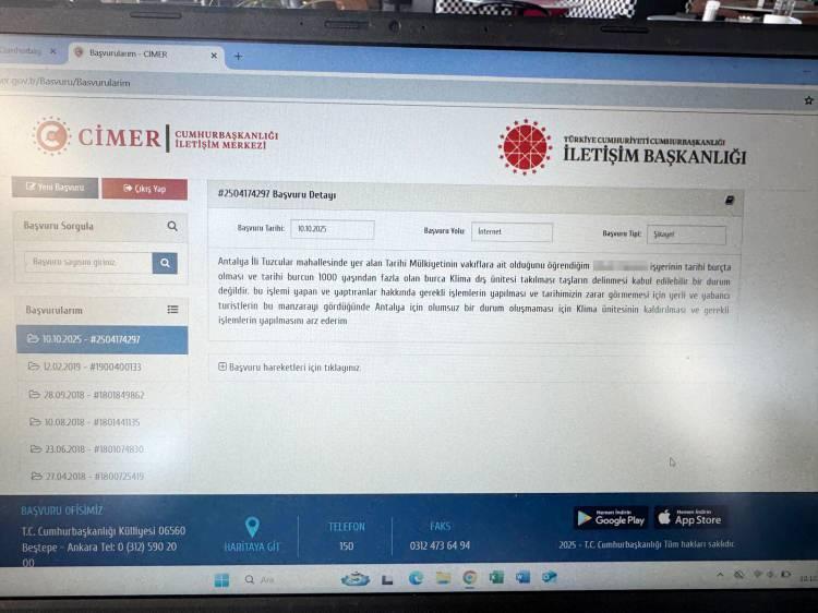 <p>Antalya Kültür Varlıklarını Koruma Bölge Kurulu yetkilileri, tarihi burcun duvarlarına takılan klima ve duvarın delinmesine yönelik işlemlerle ilgili Kurul'a herhangi bir başvuru veya izin talebi bulunmadığını açıkladı.</p>
<p> </p>