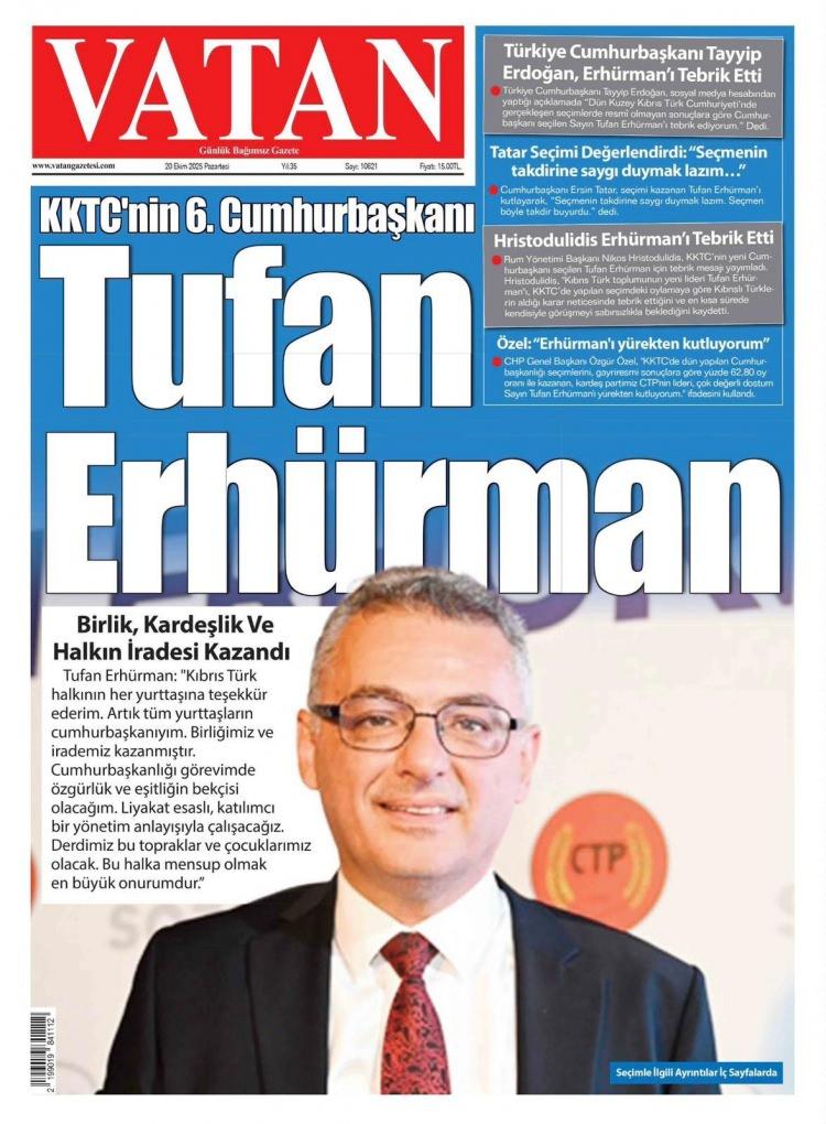 <p><strong>Vatan gazetesi</strong>: KKTC'nin 6. Cumhurbaşkanı Tufan Erhürman </p>