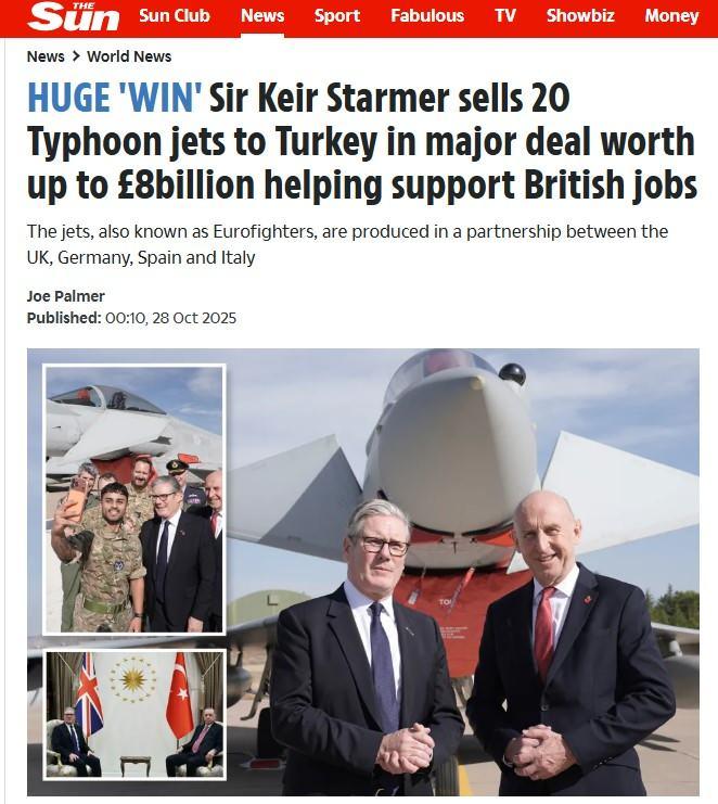 <p><strong>The Sun:</strong></p>
<p>"Büyük 'Kazanım': Sir Keir Starmer, İngiltere'deki işlerin desteklenmesine yardımcı olması amacıyla 8 milyar sterlin değerindeki büyük bir anlaşmayla Türkiye'ye 20 Typhoon jeti sattı"</p>