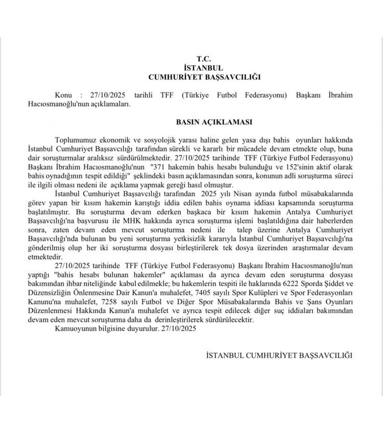 <p>Başsavcılığın açıklamasında, İbrahim Hacıosmanoğlu'nun düzenlemiş olduğu basın toplantısının "ihbar" niteliğinde ele alındığı bildirildi.</p>