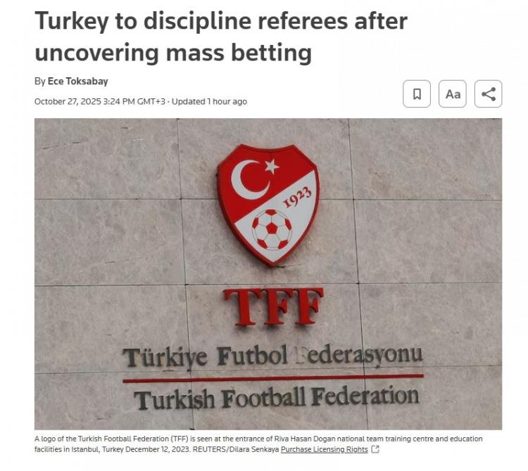 <p>Reuters (İngiltere): "Türkiye'de hakemlerin toplu bahisleri nedeniyle ceza yolda"</p>
