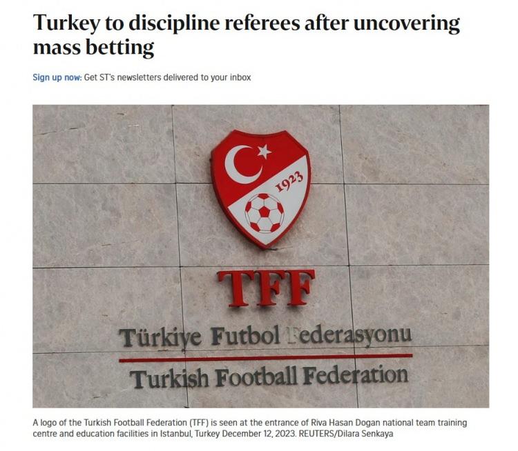 <p>The Strait Times (Singapur): "Türkiye'de hakemler bahis oynadıkları iddiasıyla soruşturma altında"</p>