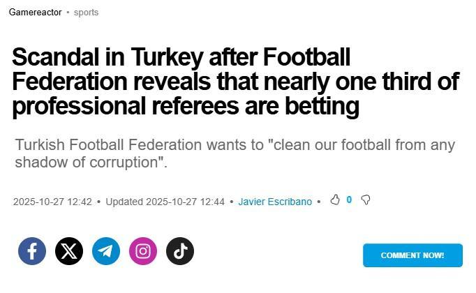 <p>GameReactor (İngiltere): "TFF hakemlerin üçte birinin bahis oynadığını açıkladı: Türkiye'de skandal"</p>
