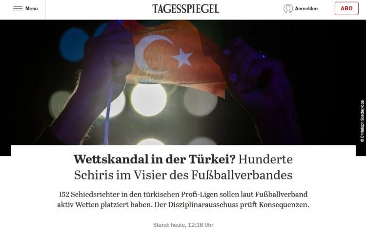 <p>Tagesspiegel (Almanya): T&uuml;rkiye'de bahis skandalı mı?: Futbol federasyonunun hedefinde y&uuml;zlerce hakem var</p>
