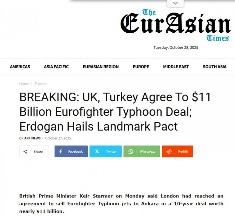 <p><strong>The EurAsian:</strong></p>
<p>"İngiltere ve Türkiye 11 Milyar Dolarlık Eurofighter Typhoon Anlaşması Üzerinde Anlaştı; Erdoğan Tarihi Anlaşmayı Övdü"</p>