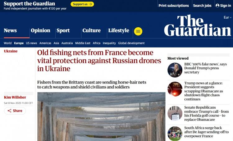 <p>İngiliz The Guardian gazetesi, Fransa'nın Bretonya kıyılarında hurdaya ayrılan at kılı balıkçı ağlarının, Ukrayna'da Rus kamikaze dronlarına karşı hayati bir savunma kalkanına dönüştüğünü ve binlerce sivil ile askerin hayatını koruduğunu yazdı.</p>
