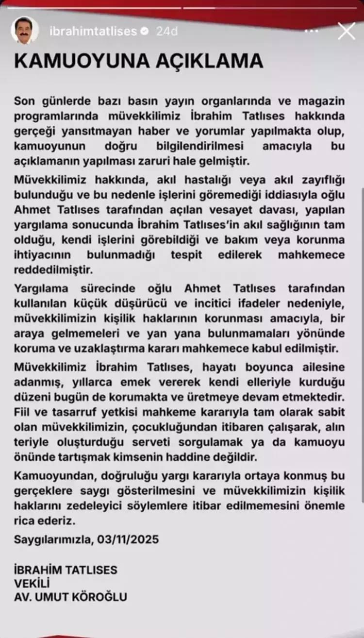 <p>Ünlü sanatçı, <strong>mahkeme kararıyla akıl sağlığının yerinde olduğunun tescillendiğini</strong> belirterek oğlunun açıklamalarına tepki gösterdi.</p>

