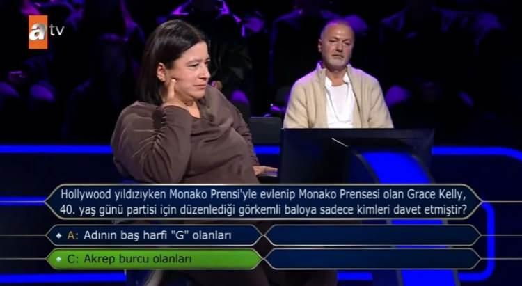 <p>Milyoner'de "<strong>Hollywood yıldızıyken Monako Prensi'yle evlenip Monako Prensesi olan Grace Kelly, 40. yaş günü partisi için düzenlediği görkemli baloda sadece kimleri davet etmiştir?"</strong> sorusunun doğru cevabı c şıkkı <strong>"Akrep burcu olanları"</strong> olacaktı. </p>
