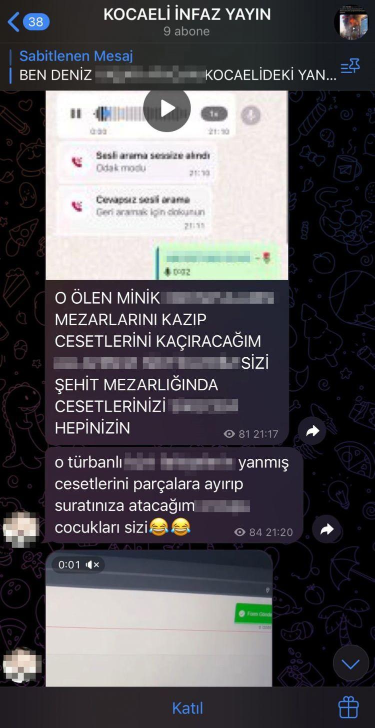 <p>Olayın ardından <strong>"Kocaeli İnfaz Yayın" </strong>isimli bir Telegram sayfasında, yangında ölen vatandaşlara yönelik küfürlü ve hakaret içerikli paylaşımlar yapıldığı ortaya çıkmıştı.</p>
