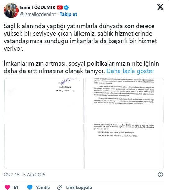 <p>MHP olarak TBMM’ye sunduğumuz kanun teklifi ile başta emeklilerimizin durumunu düşünerek tüm vatandaşlarımız için ağız ve diş sağlığı kapsamında ihtiyaç duydukları “İMPLANT TEDAVİSİ” için yerli üretim ve en fazla 4 adet olmak üzere yapılacak tüm uygulamaların Sosyal Sigortalar Kurumu tarafından karşılanmasını önerdik."</p>
