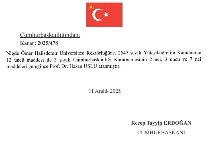 <p><strong>Niğde Ömer Halisdemir Üniversitesi Rektörlüğüne Prof. Dr. Hasan Uslu</strong></p>
