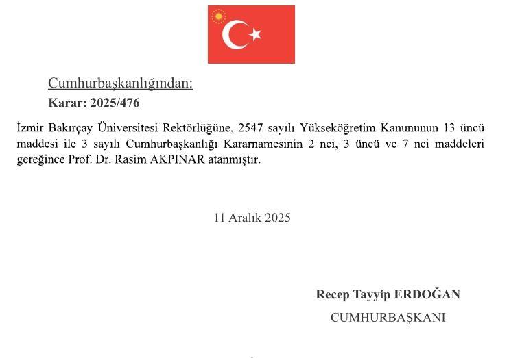 <p><strong>İzmir Bakırçay Üniversitesi Rektörlüğüne Prof. Dr. Rasim Akpınar</strong></p>

