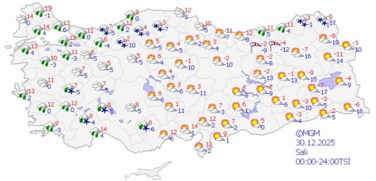 <p><strong>ORTA ve DOĞU KARADENİZ</strong></p>

<p><br />
Par&ccedil;alı ve &ccedil;ok bulutlu, kıyılarının yağmur ve karla karışık yağmur, i&ccedil; ve y&uuml;ksek kesimlerinin kar yağışlı ge&ccedil;eceği tahmin ediliyor. B&ouml;lgenin i&ccedil; kesimlerinde buzlanma ve don ile birlikte pus ve yer yer sis bekleniyor.</p>

<p>AMASYA &deg;C, 6&deg;C<br />
Par&ccedil;alı ve &ccedil;ok bulutlu, akşam saatlerinde karla karışık yağmur ve kar yağışlı</p>

<p>RİZE &deg;C, 9&deg;C<br />
Par&ccedil;alı ve &ccedil;ok bulutlu, gece saatlerinde karla karışık yağmurlu</p>

<p>SAMSUN &deg;C, 9&deg;C<br />
Par&ccedil;alı ve &ccedil;ok bulutlu, akşam saatlerinde yağmurlu</p>

<p>TRABZON &deg;C, 9&deg;C<br />
Par&ccedil;alı ve &ccedil;ok bulutlu, gece saatlerinde karla karışık yağmurlu</p>
