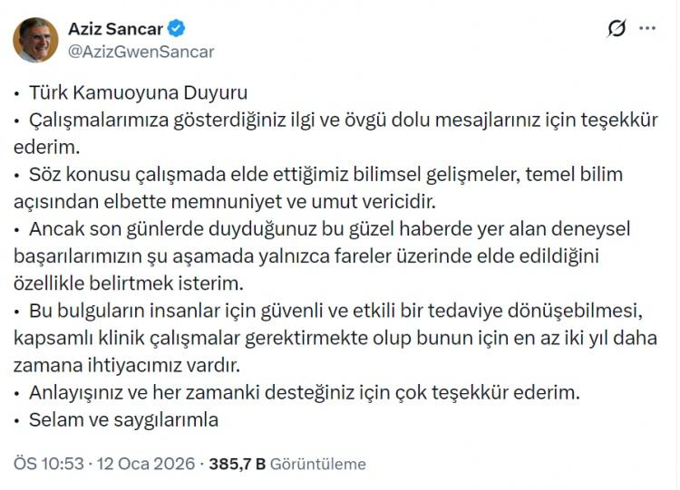 Aziz Sancar'dan tarihe ge&ccedil;ecek &ccedil;alışma! Deneyde hastalık yok edildi, tarih verip duyurdu..