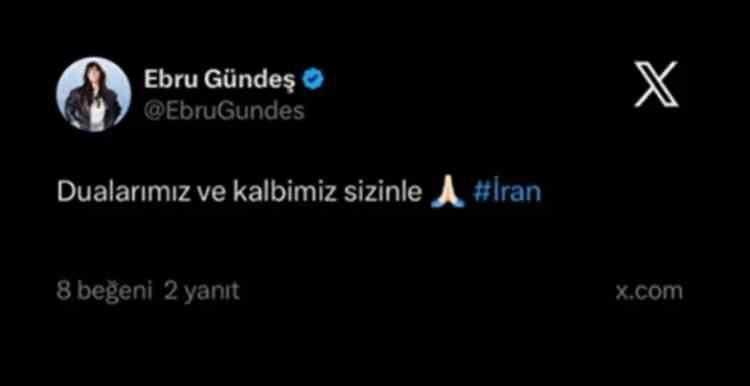 <p>İran'da yaşanan gelişmelere ilişkin sosyal medya hesabından a&ccedil;ıklama yapan '<strong>Ebru G&uuml;ndeş, Dualarımız ve kalbimiz sizinle İran'</strong> paylaşımında bulundu.</p>
