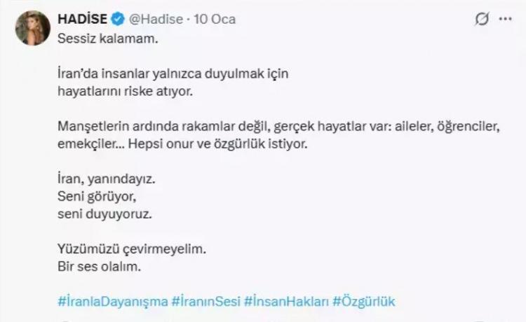 <p><strong>GAZETECİ FULYA &Ouml;ZT&Uuml;RK'TEN SERT TEPKİ</strong><br />
Gazeteci Fulya &Ouml;zt&uuml;rk ise, Hadise'nin bu paylaşımına kayıtsız kalmadı. &Ouml;zt&uuml;rk, &uuml;nl&uuml; şarkıcının Gazze konusunda sessiz kaldığını hatırlatarak şu ifadeleri kullandı:</p>
