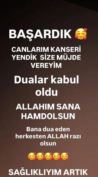 <p>Dualar kabul oldu. Allah'ım sana hamdolsun. Bana dua eden herkesten Allah razı olsun. Sağlıklıyım artık"</p>
