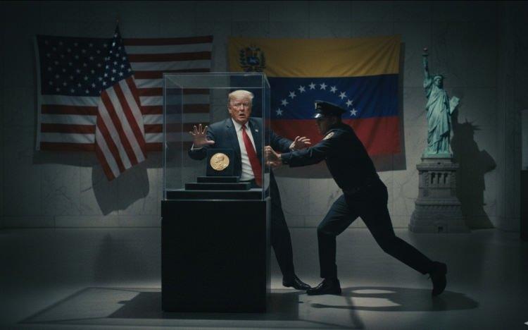 <p><span style="color:#B22222"><strong>TRUMP NE YAPIP EDİP &Ouml;D&Uuml;L&Uuml; ALDI</strong></span></p>

<p><strong>​</strong></p>

<p>Venezuela&rsquo;daki muhalif lider Maria Corina Machado, kendisine verilen Nobel Barış &Ouml;d&uuml;l&uuml;&rsquo;n&uuml; Washington&rsquo;daki buluşma sırasında Donald Trump&rsquo;a adeta zorla verilmiş izlenimi oluşturacak bir şekilde takdim etmesi uluslararası kamuoyunda şaşkınlık oluşturdu..</p>
