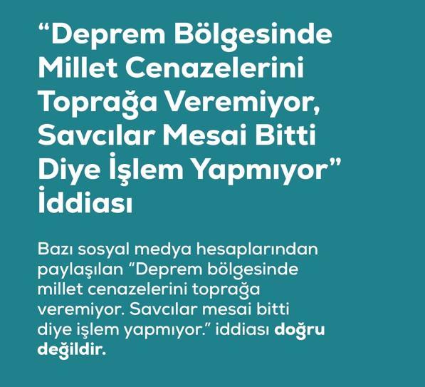 <p><span style="color:#B22222"><strong>"DEPREM B&Ouml;LGESİNDE MİLLET CENAZELERİNİ TOPRAĞA VEREMİYOR, SAVCILAR MESAİ BİTTİ DİYE İŞLEM YAPMIYOR" YALANI&nbsp;</strong></span></p>
