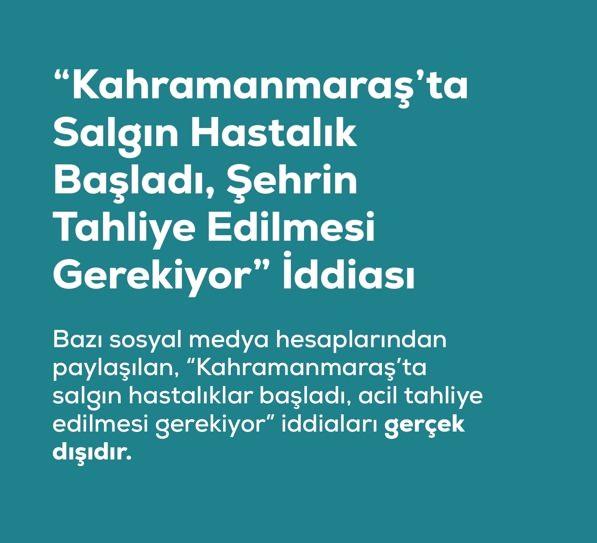 <p><span style="color:#B22222"><strong>"KAHRAMANMARAŞ'TA SALGIN HASTALIK BAŞLADI. ŞEHRİN TAHLİYE EDİLMESİ GEREKİYOR" YALANI</strong></span></p>
