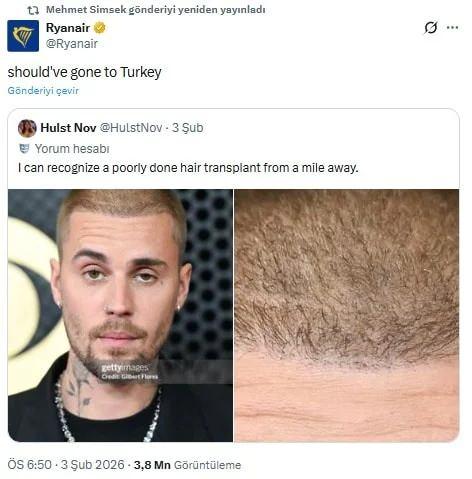 <p><strong>​Hava yolu şirketinin attığı bu tweeti alıntılayan bakan Şimşek, bu ironik ve esprili mesajı T&uuml;rkiye'nin sağlık turizminin&nbsp;k&uuml;resel başarısının bir kanıtı olarak değerlendirdi.</strong></p>
